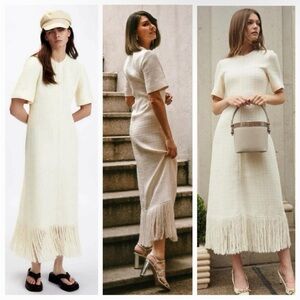 Zara Elegant Cream Midi Dress with Fringe